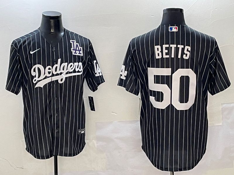 Men Los Angeles Dodgers #50 Betts Black Stripe Jointly Name 2025 Nike MLB Jersey style 6